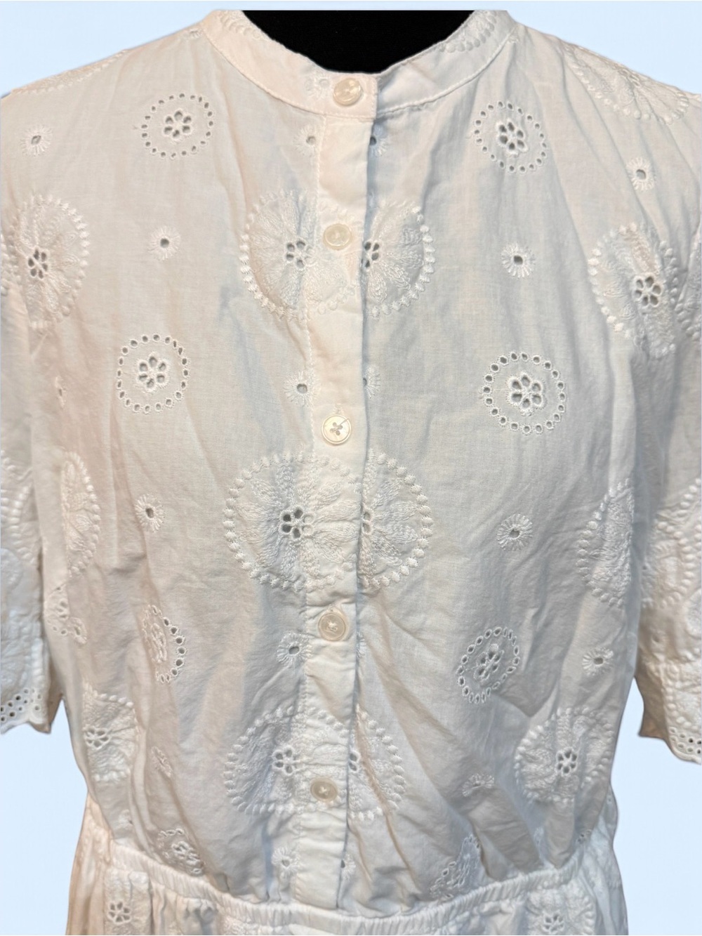 Boden White Eyelet Cotton Mini
Puff Sleeve Button-Front Shirt Dress SIZE 12